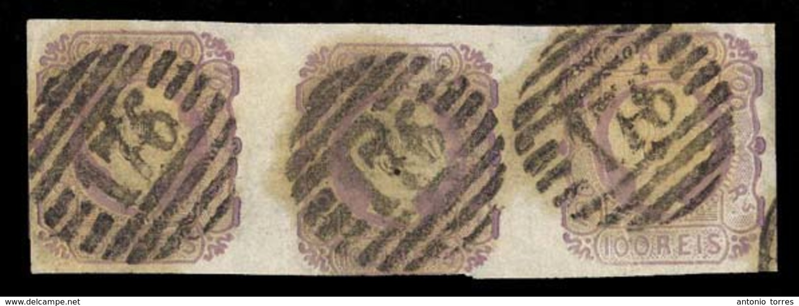 PORTUGAL. 9º. Deep Rich Lilac, Horiz. STRIP OF THREE, Complete Margins Around, Uneven Composition, Pmk. "176" Vila Real. - Altri & Non Classificati