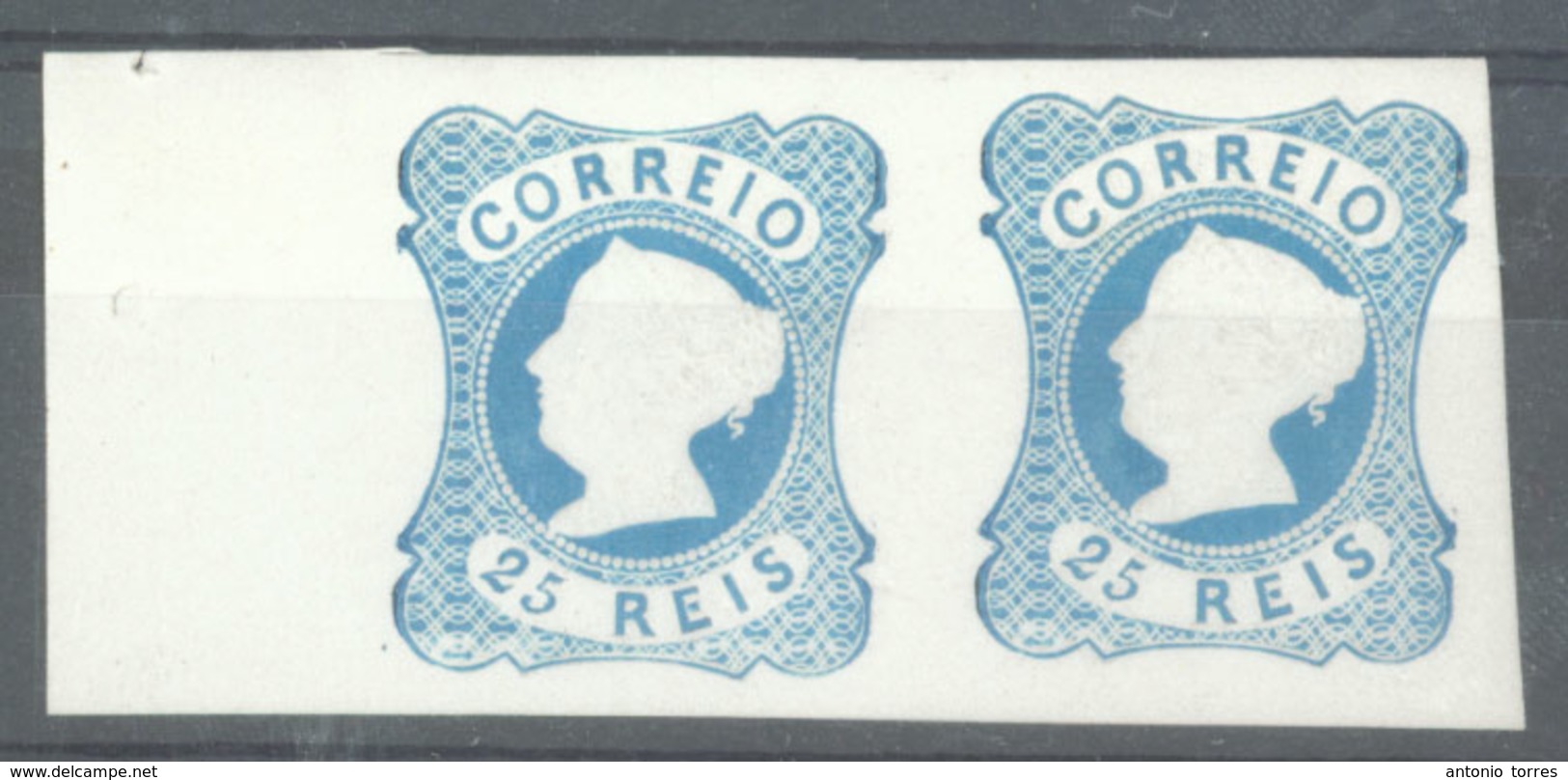 PORTUGAL. 2*. Die II. 25rs Dark Blue. 1885 Reprint. Horiz. Pair, Large Margins, With Border Sheet At Left. Extr. Fine. - Other & Unclassified