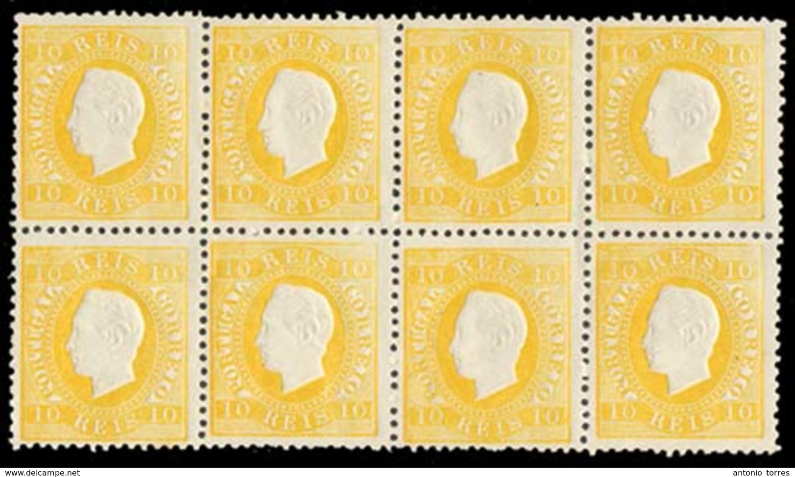 PORTUGAL. 37***. D. Luis Fita Direita. 10rs Yellow, P. Liso, Perf. 12 1/2. A Staggering Horiz. BLOCK OF EIGHT, With Full - Sonstige & Ohne Zuordnung