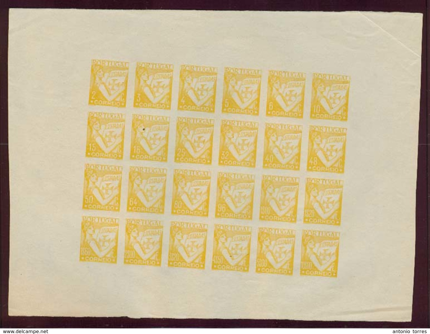 PORTUGAL. 1926-31. Lusiadas. Trial Colour Proof. Complete Miniature Presentation Sheet Of 24 Diff. Values, Yellow On Whi - Altri & Non Classificati