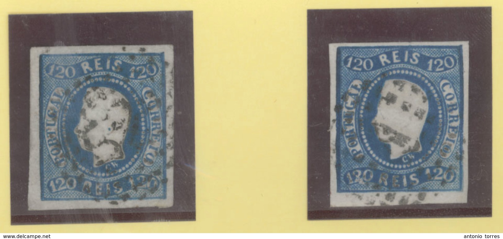 PORTUGAL. °26(2). 120rs Dark Blue. 2 Stamps "1" And "52" Cancels. Both Large Margins. VF. - Altri & Non Classificati