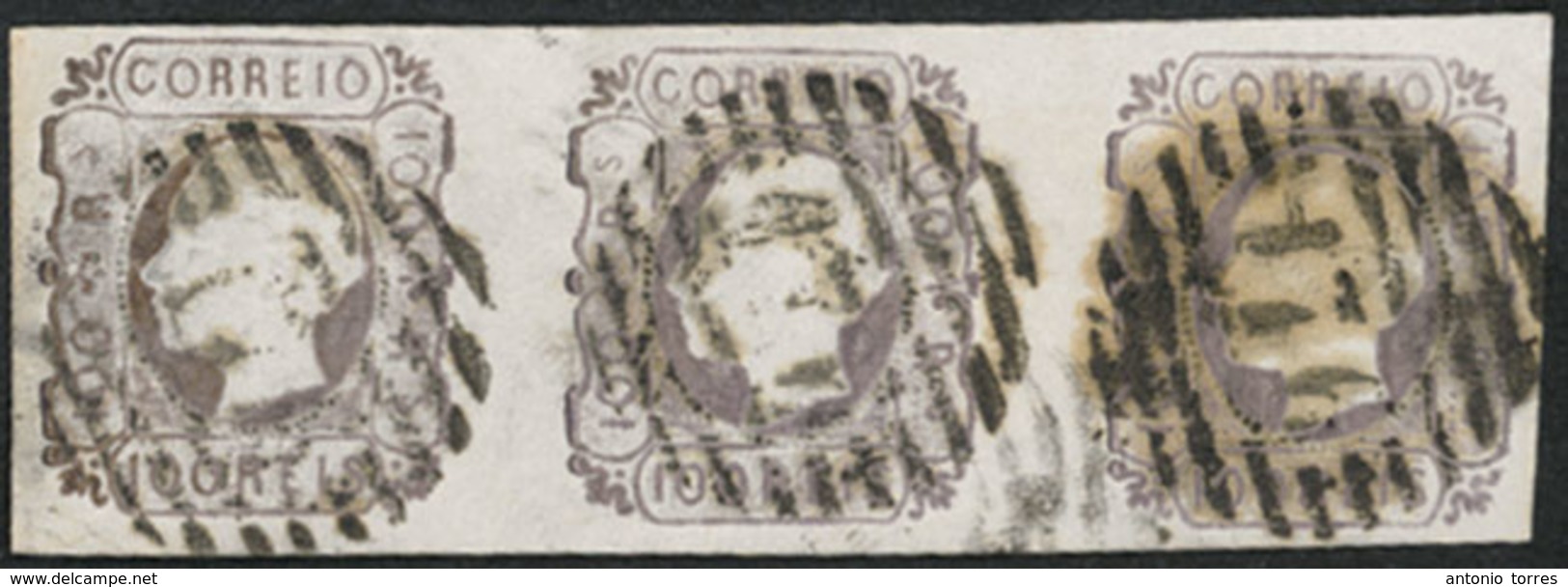 PORTUGAL. 18º 100rs. Lilas-chocolate On Medium Paper. Horiz STRIP OF THREE. V. Food Margins All Around. "176" (Vila Real - Altri & Non Classificati