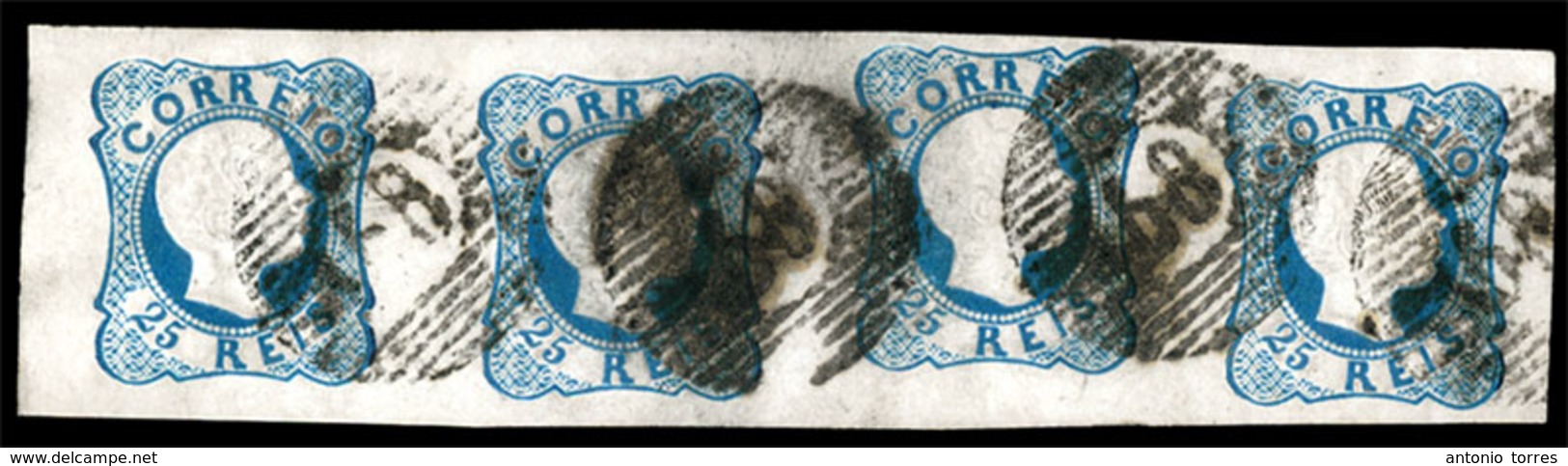 PORTUGAL. 12º Die I. 25rs. Blue, Horiz. STRIP OF FOUR, Large Margins All Around, Uneven Step Print Composition, Cancelle - Altri & Non Classificati