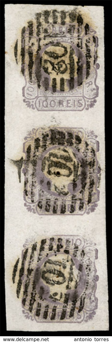 PORTUGAL. 9º 100rs. Lilas. Vertical STRIP OF THREE, Huge Margins, BORDER OF SHEET At Left, Cancelled "102" (Pombal). Fin - Altri & Non Classificati