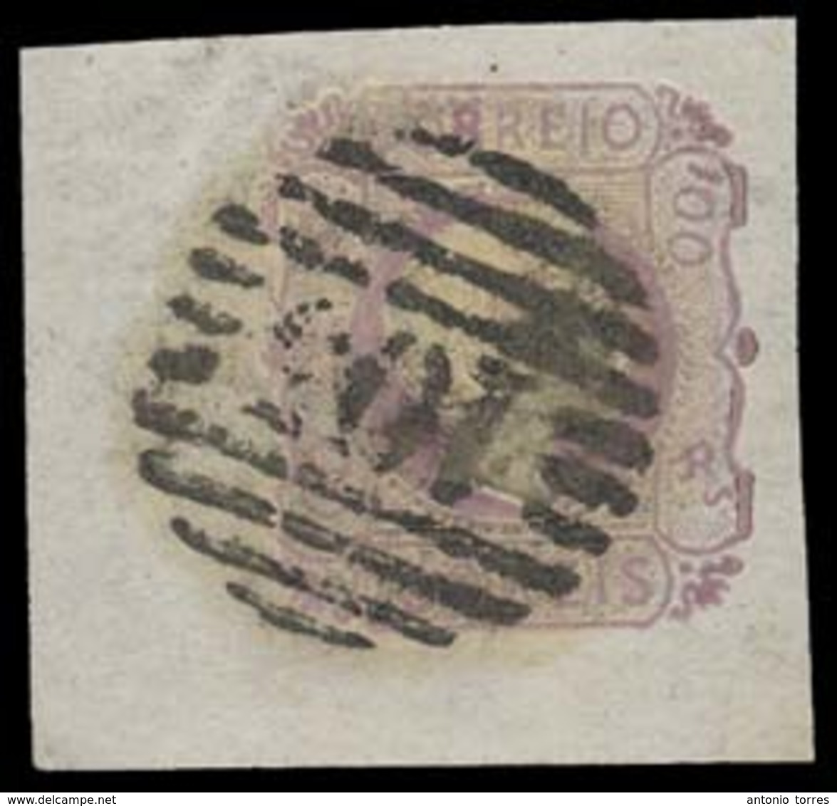 PORTUGAL. Af 9º. 1855. D. Pedro Straight Pair 100 Rs Lilac, Huge Margins All Around, CORNER OF SHEET, "105" Grill (Espro - Sonstige & Ohne Zuordnung