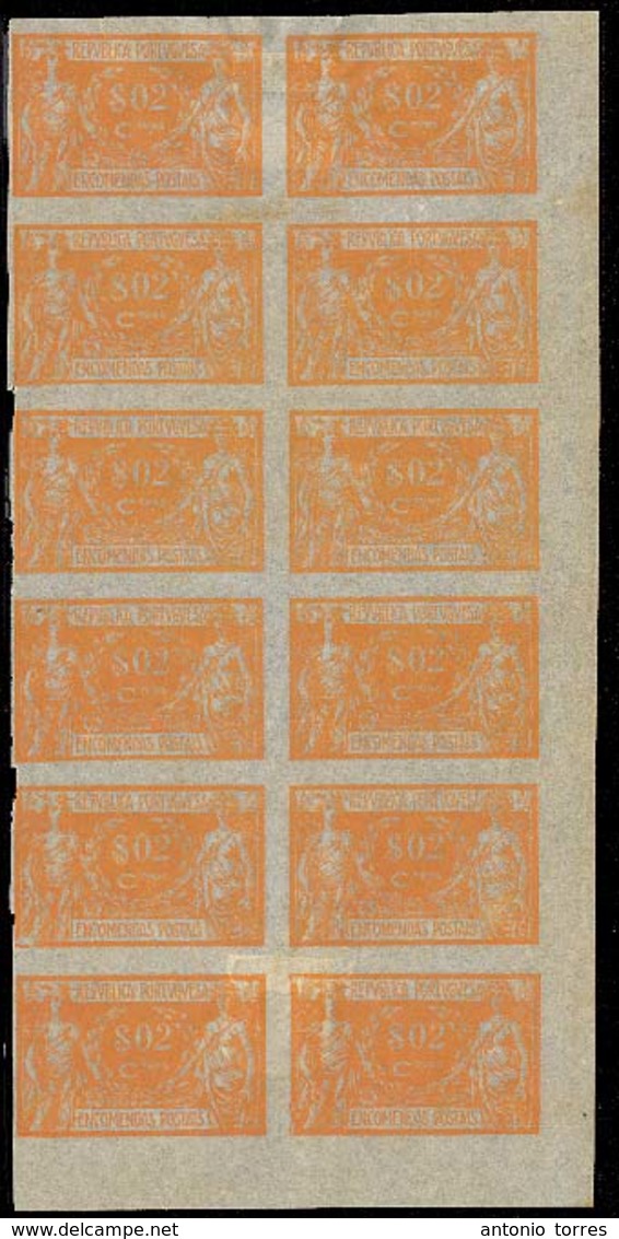 PORTUGAL. 1920. Encomendas $ 02 Orange, On Thin Paper, Block Of 12. - Altri & Non Classificati