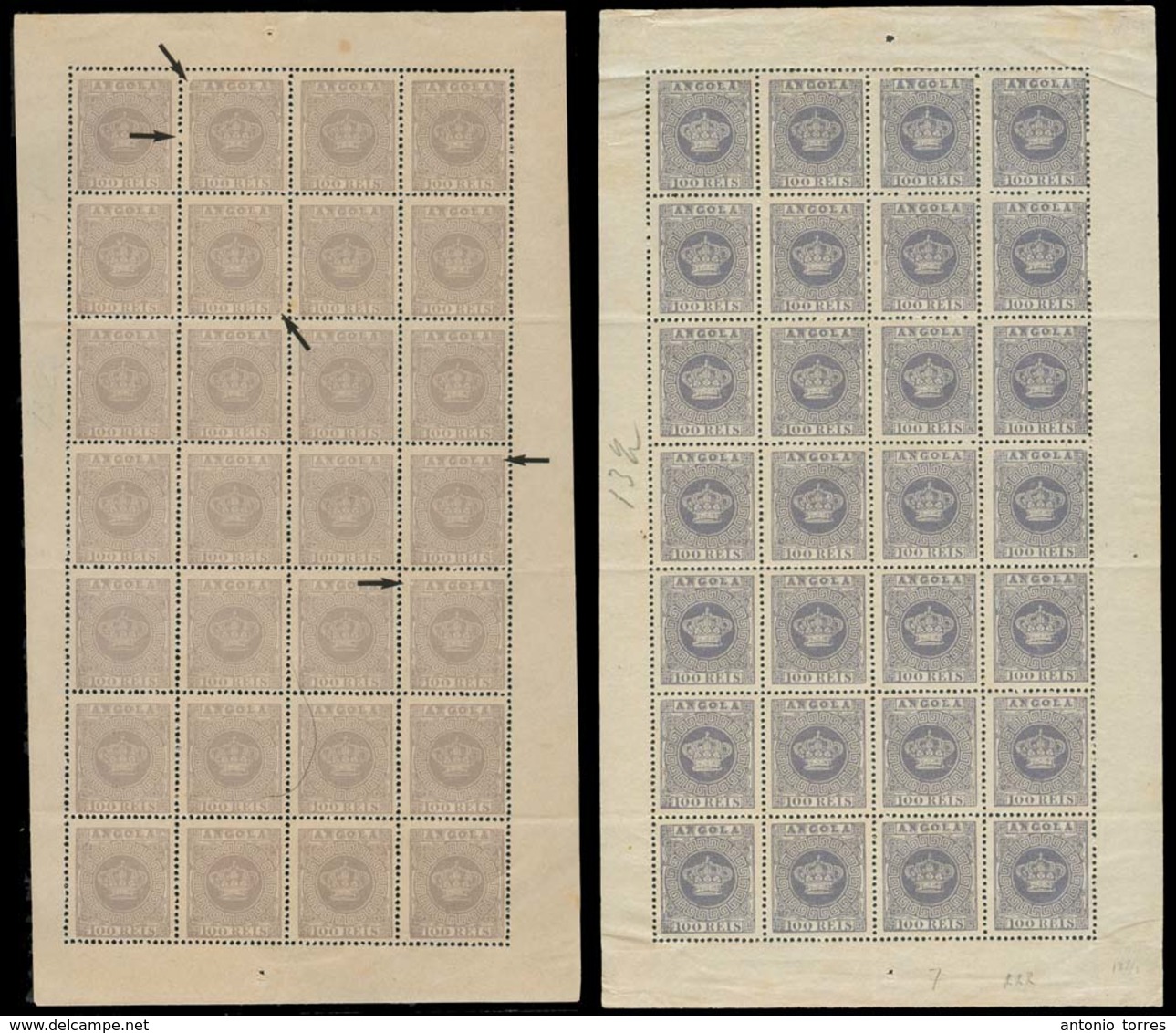 PORTUGAL-ANGOLA. 1875 - 77. 100rs Crown Issue Perf 13 1/2 Dark Violet Complete Mint Sheet (7x4), Unlisted In This Shade, - Other & Unclassified