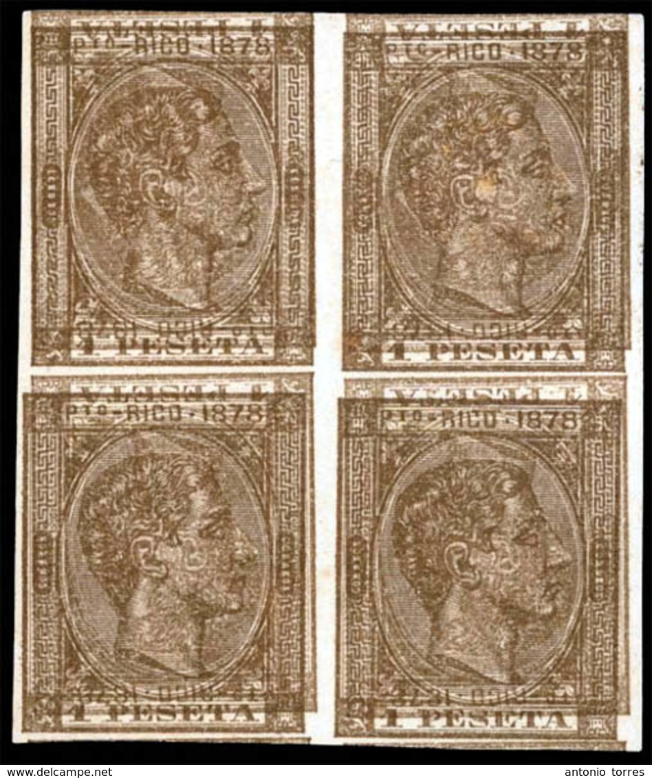 PUERTO RICO. PRUEBA. Bloque De 4 1 Pta Castaño-bronce 1878. Impresión Doble E Invertidas. S/d. Mint No Gum. Precioso. Pi - Puerto Rico