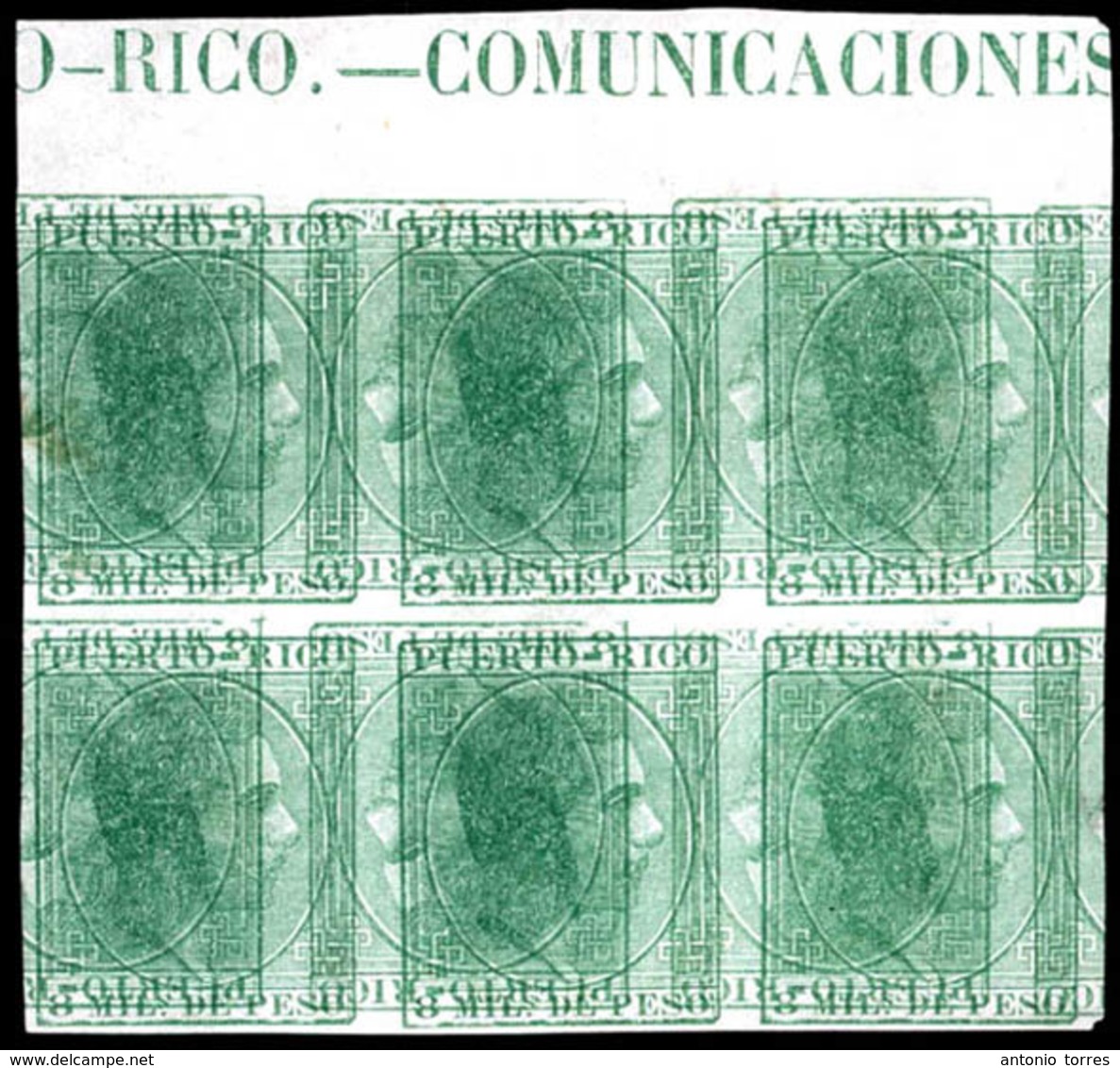 PUERTO RICO. PRUEBA. Bloque De 6. 8m.verde Amarillo. Doble Impresión E Invertida. Con Membrete De Hoja Pto.Rico-Comunica - Porto Rico