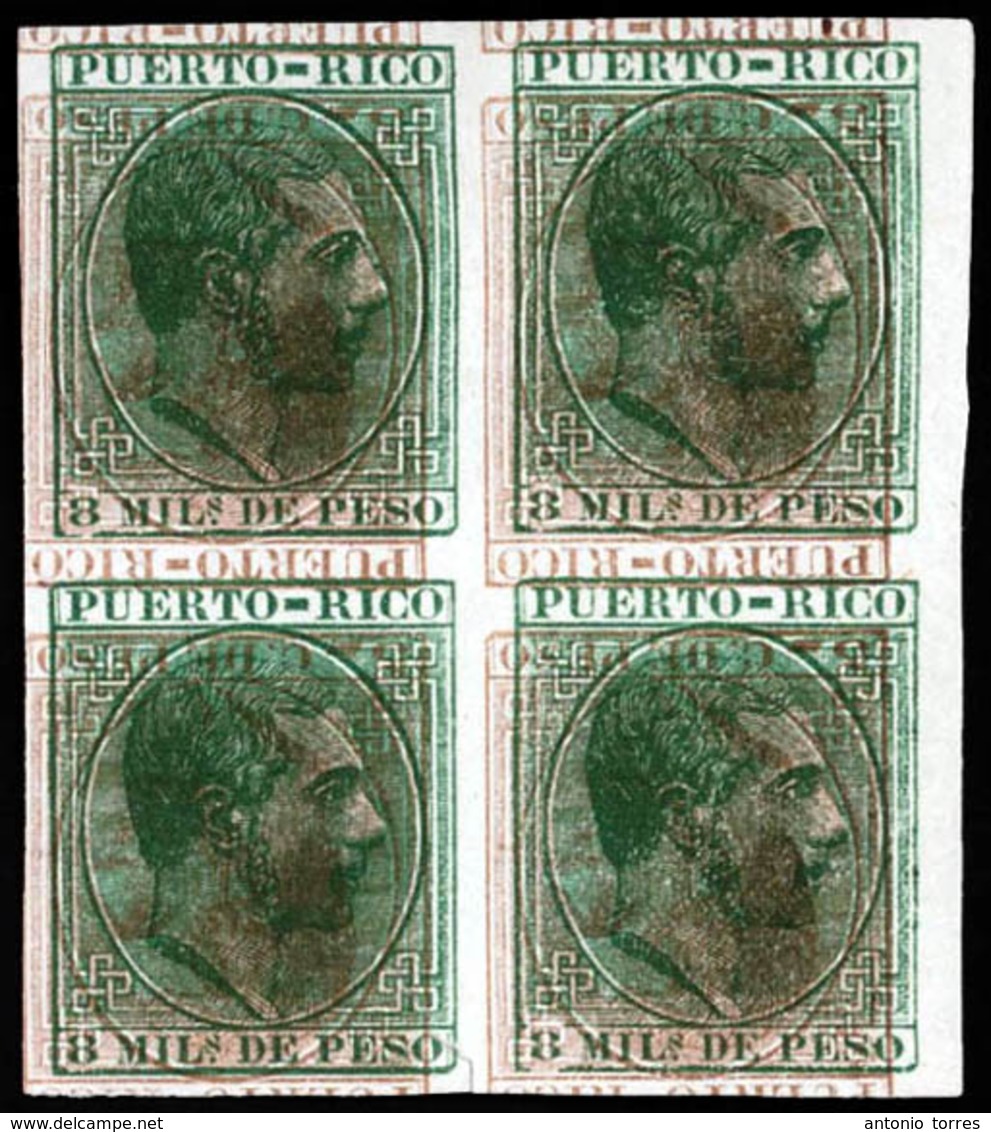 PUERTO RICO. PRUEBAS. Bloque De 4 3c Castaño Amarillo Y 8m.verde Amarillo Impresiones Invertidas Montadas S/d. Mint No G - Puerto Rico