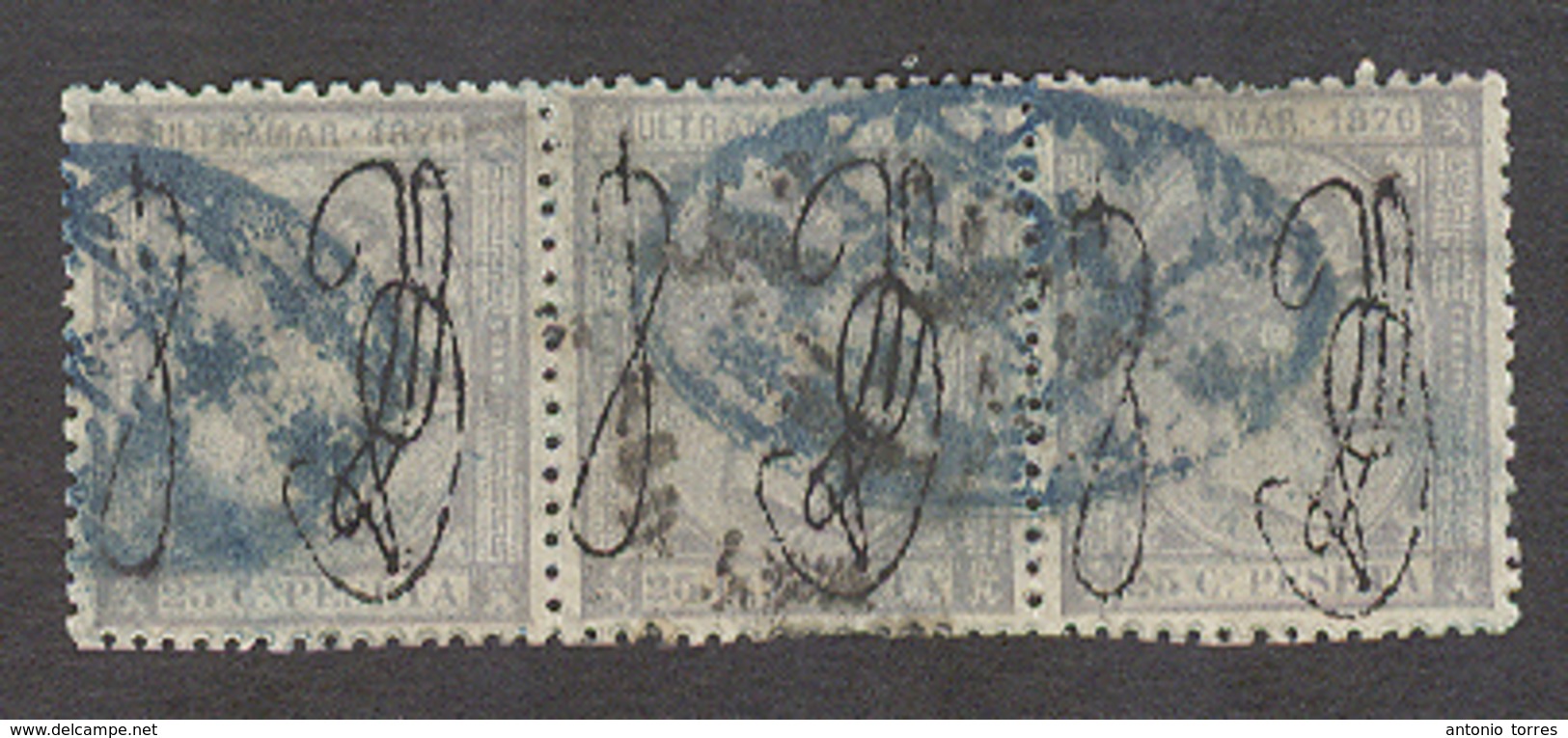 PUERTO RICO. 1876. Ed 3º (x3). 25c Gris Azul, Tira Horizontal De Tres Matasellos Parrilla Azul. Precioso Pieza De Exposi - Puerto Rico