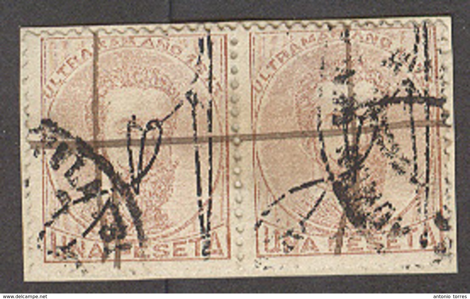 PUERTO RICO. 1873. Ed 3º. 1 Pta Amadeo Sobrecargado. Pareja Horizontal Con Matasellos Escudo Y Puma En Cruz. Preciosa Y  - Puerto Rico