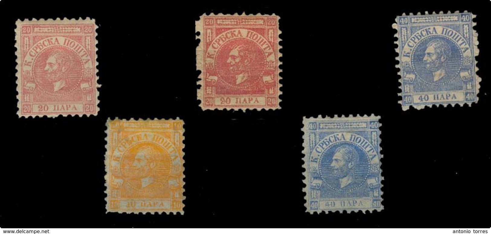 SERBIA. 1866. Yv 6, 6A, 7, 11, 13 */(*). 10p, Ochre, 20p Rose + Rose Red 40p Blue . Set Of Three Mint Pelure Paper + All - Serbia