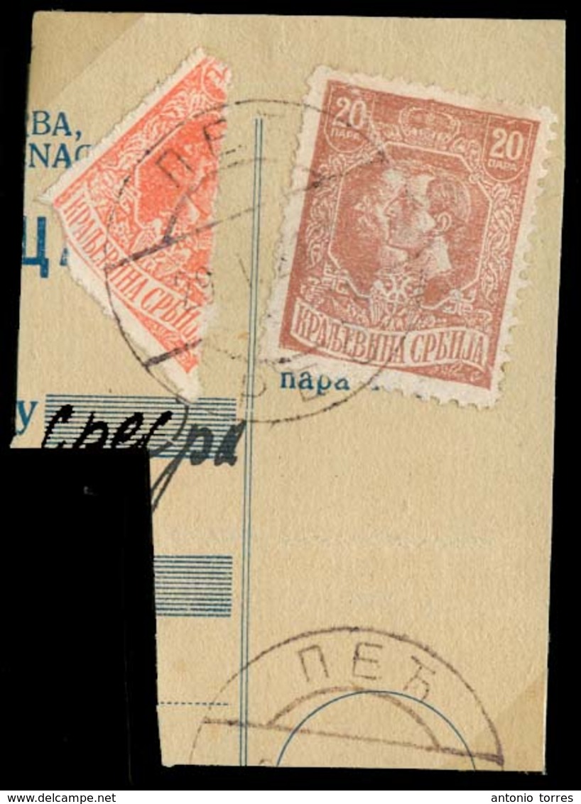 SERBIA. 1918. Yv 136, 139. Small Frgment, Tied 10p Red Bisected + 20p (25p Rate) On Postal Reg Seception. Scarce. Pec Cd - Serbia