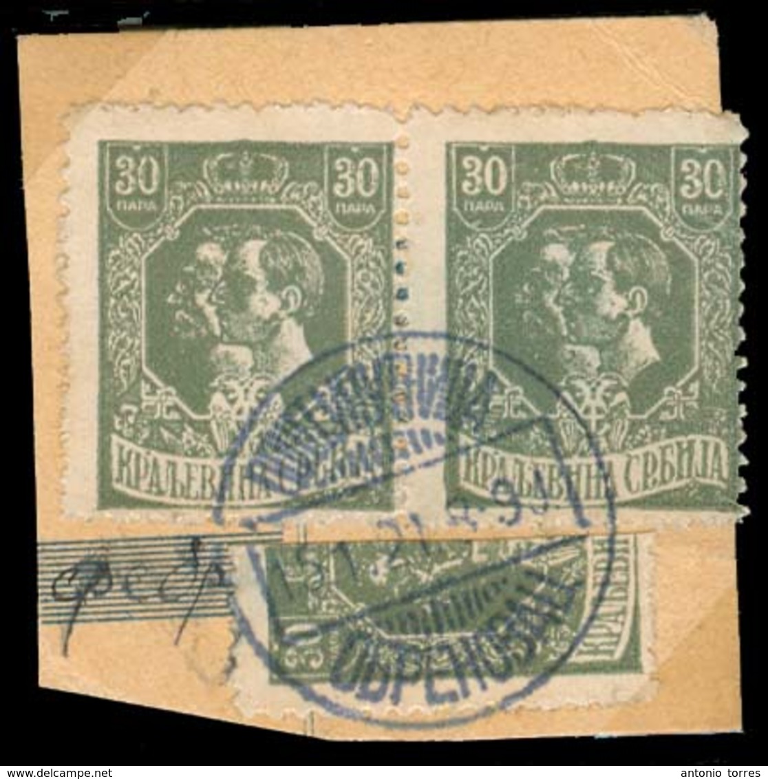 SERBIA. 1918. Yv 141º (2 + 1/2). 30p Pair + Vert Bisected, Tied Obrenovac Cds. On Registration Postal Receipt Fragment.  - Serbie