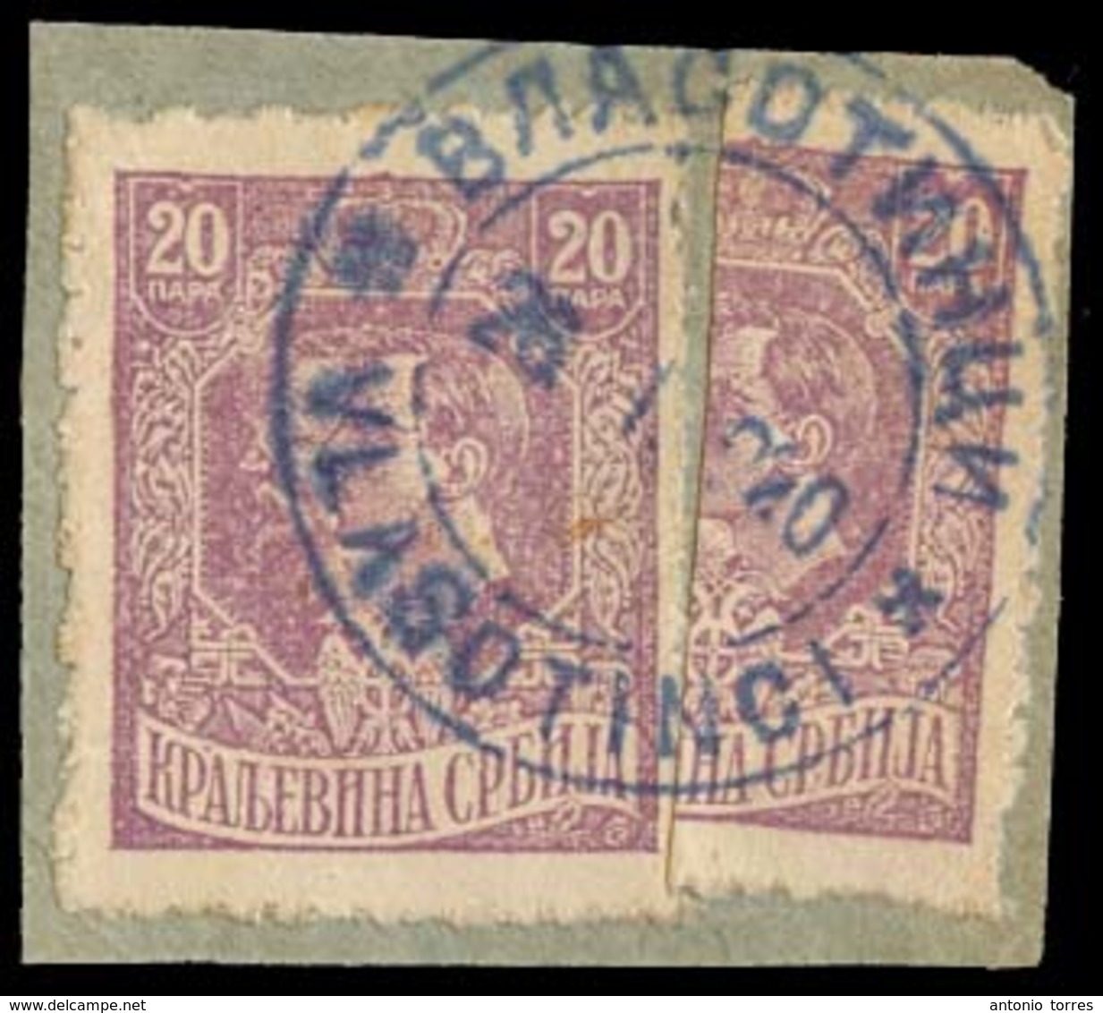 SERBIA. 1918/1920. Yv 139º (1 +1/2) Small Fragment 20p + Bisected Vertically, Tied Blue Cds Vlasotinci. VF. - Serbia