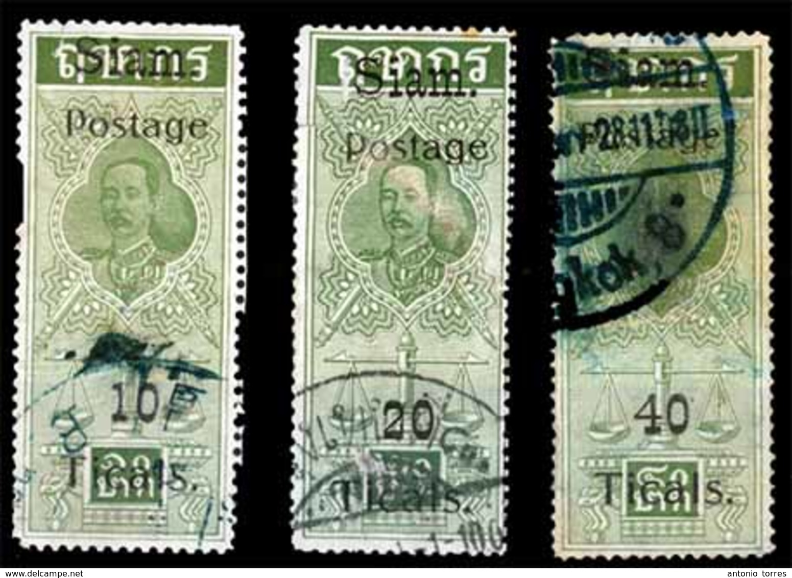 SIAM. 1907. Postal Fiscal Issue. 10, 20 And 40 ATT, Used. The 10 ATT Variety Oval Stop. Some Small Faults, As Usual In T - Siam