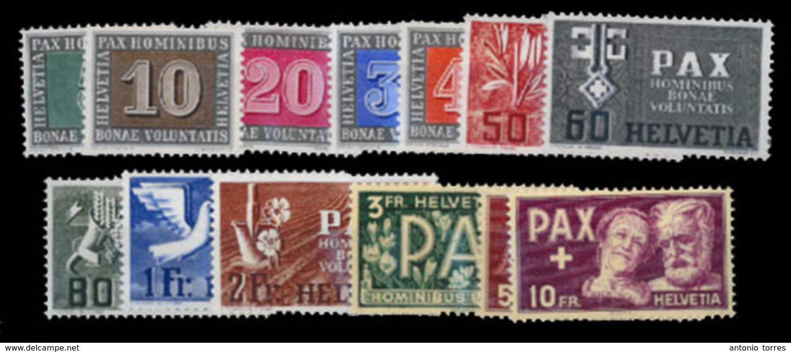 SWITZERLAND. 1945. ‘Pax’ Set Of 13 Values, Fresh, Lightly Hinged Set. Scarce. Scott 293-305. - Other & Unclassified