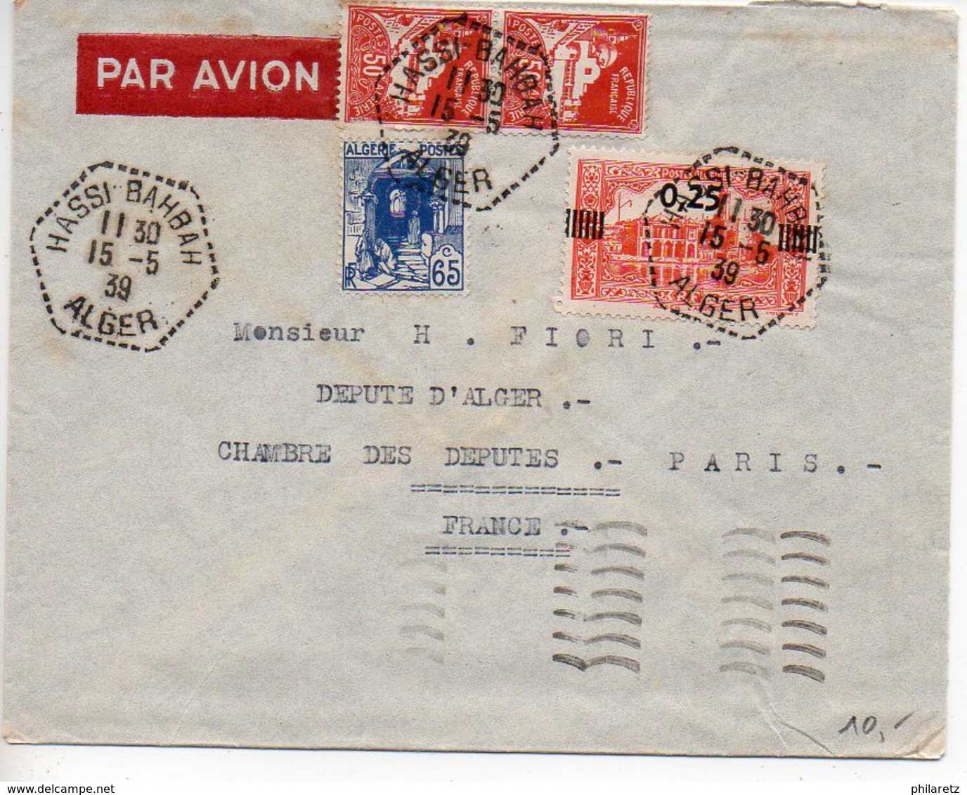 Algérie : Lettre Par Avion De 1939 Oblitérée CaD Hexagonal Tireté 'Hassi Bahbah Alger'' - Briefe U. Dokumente