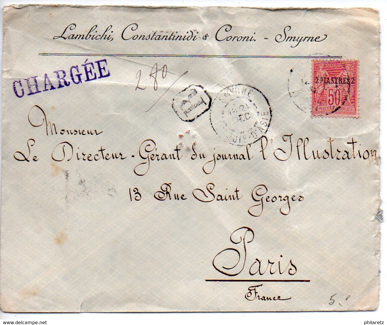 Levant : 50c Sage Sur Lettre Recommandée Avec Griffe Chargée De 1900 Pour Paris - Lettres & Documents