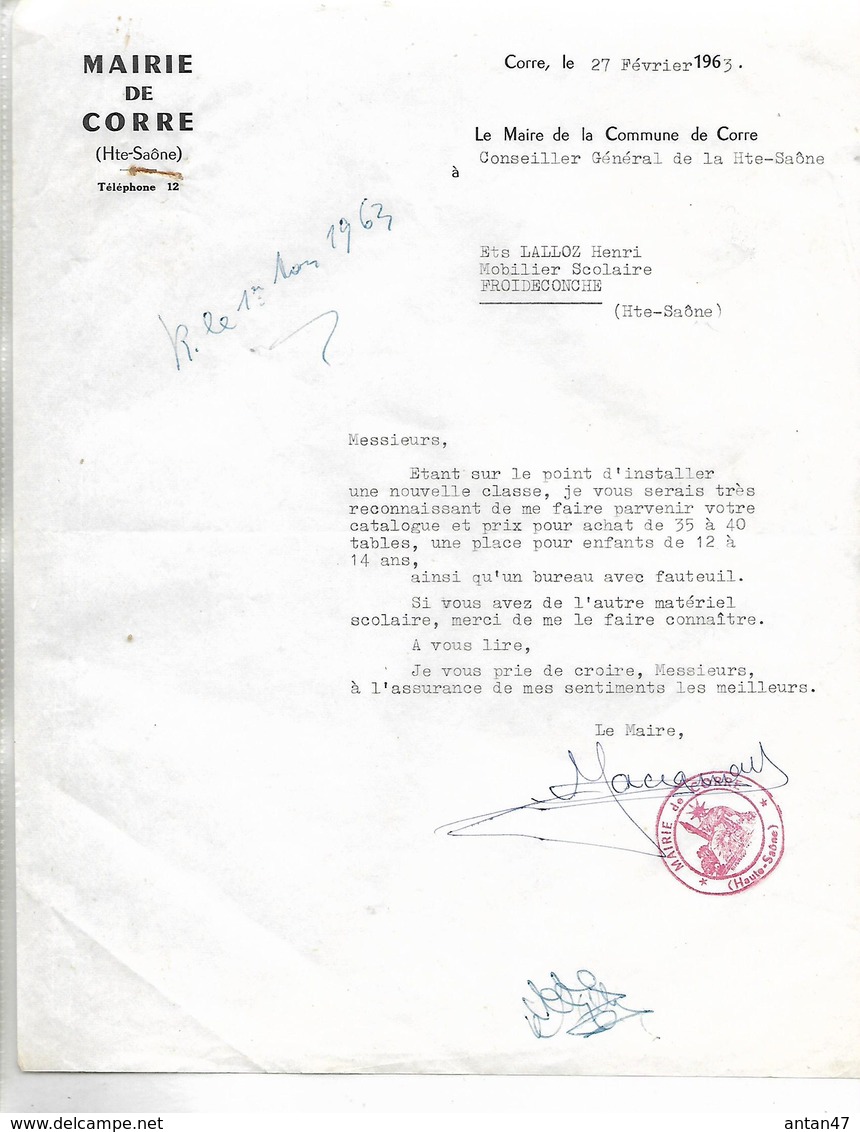 Lettre 1963 / 70 Mairie De CORRE / Commande De Tables à LALLOZ 70 FROIDECONCHE - 1950 - ...