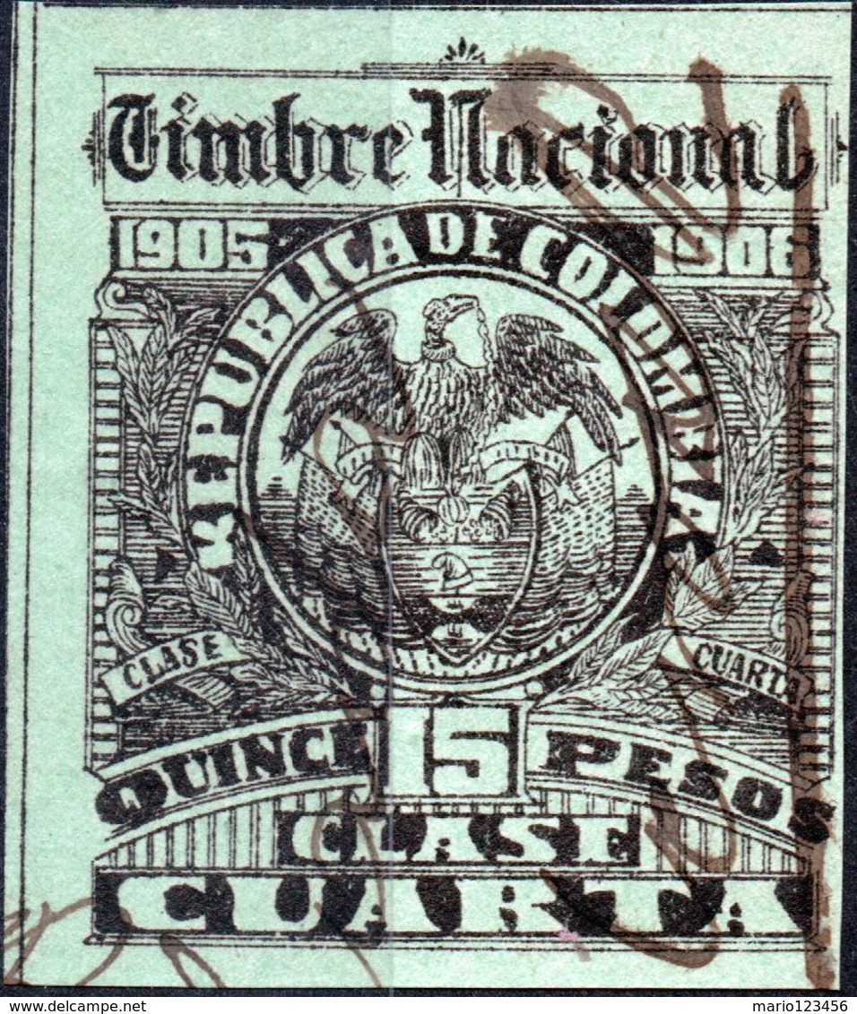 COLOMBIA, STEMMI, COAT OF ARMS, SOPRATTASSA, REVENUE FISCAL, 1905, 15 P., USATO, Col.: CO 1905-1906 - Colombia