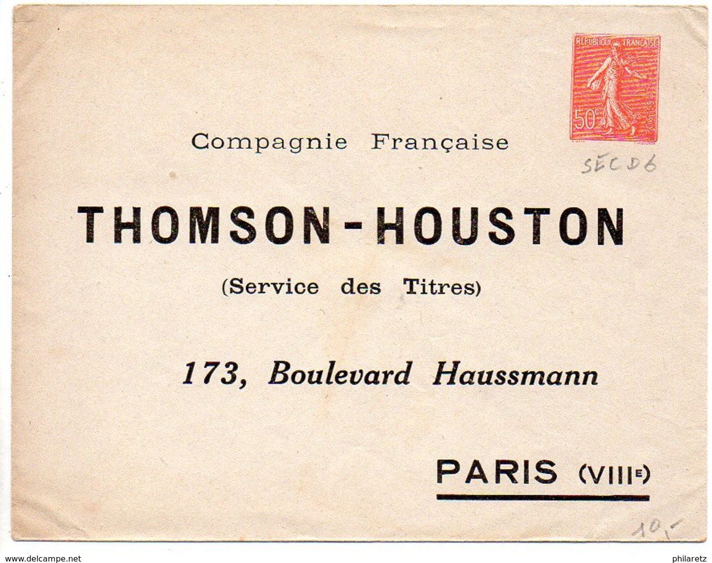 Enveloppe 50c Semeuse Neuve Avec Repiquage THOMSON - HOUSTON / Paris - Légeres Froissures En Coins - Enveloppes Repiquages (avant 1995)