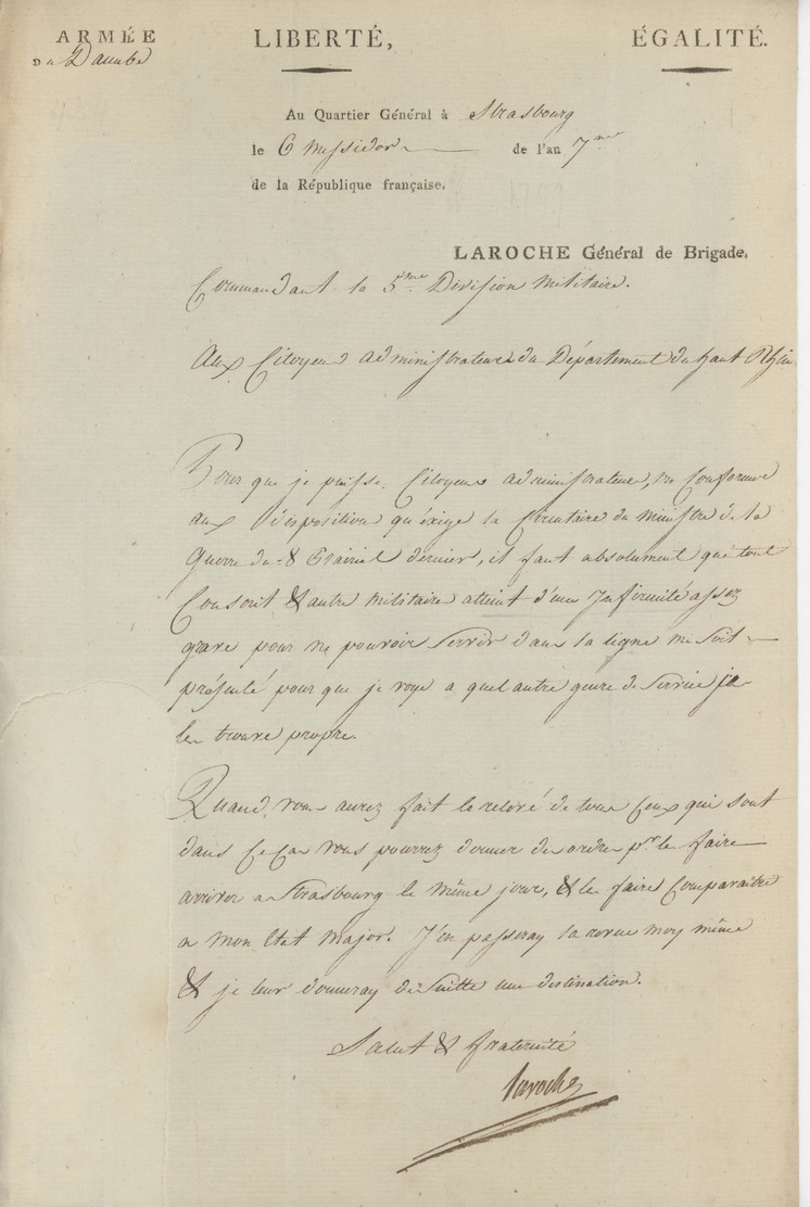 Armée Du Daube Au Quartier Général à Strasbourg An 7 - 24.6.1799 Le Général Laroche Lettre En Franchise - 1701-1800: Précurseurs XVIII