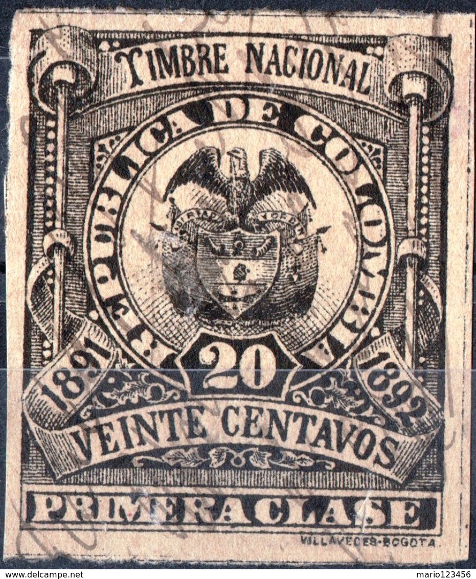 COLOMBIA, STEMMI, COAT OF ARMS, SOPRATTASSA, REVENUE FISCAL, 1891, 20 C., USATO - Colombie