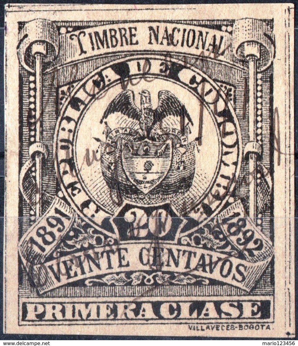 COLOMBIA, STEMMI, COAT OF ARMS, SOPRATTASSA, REVENUE FISCAL, 1891, 20 C., USATO - Colombia