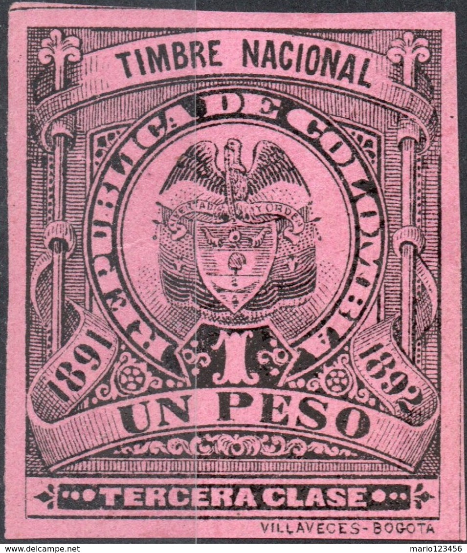 COLOMBIA, STEMMI, COAT OF ARMS, SOPRATTASSA, REVENUE FISCAL, 1891, 1 P., NUOVO (MNH**) Col.: CO 1891-7 - Colombia