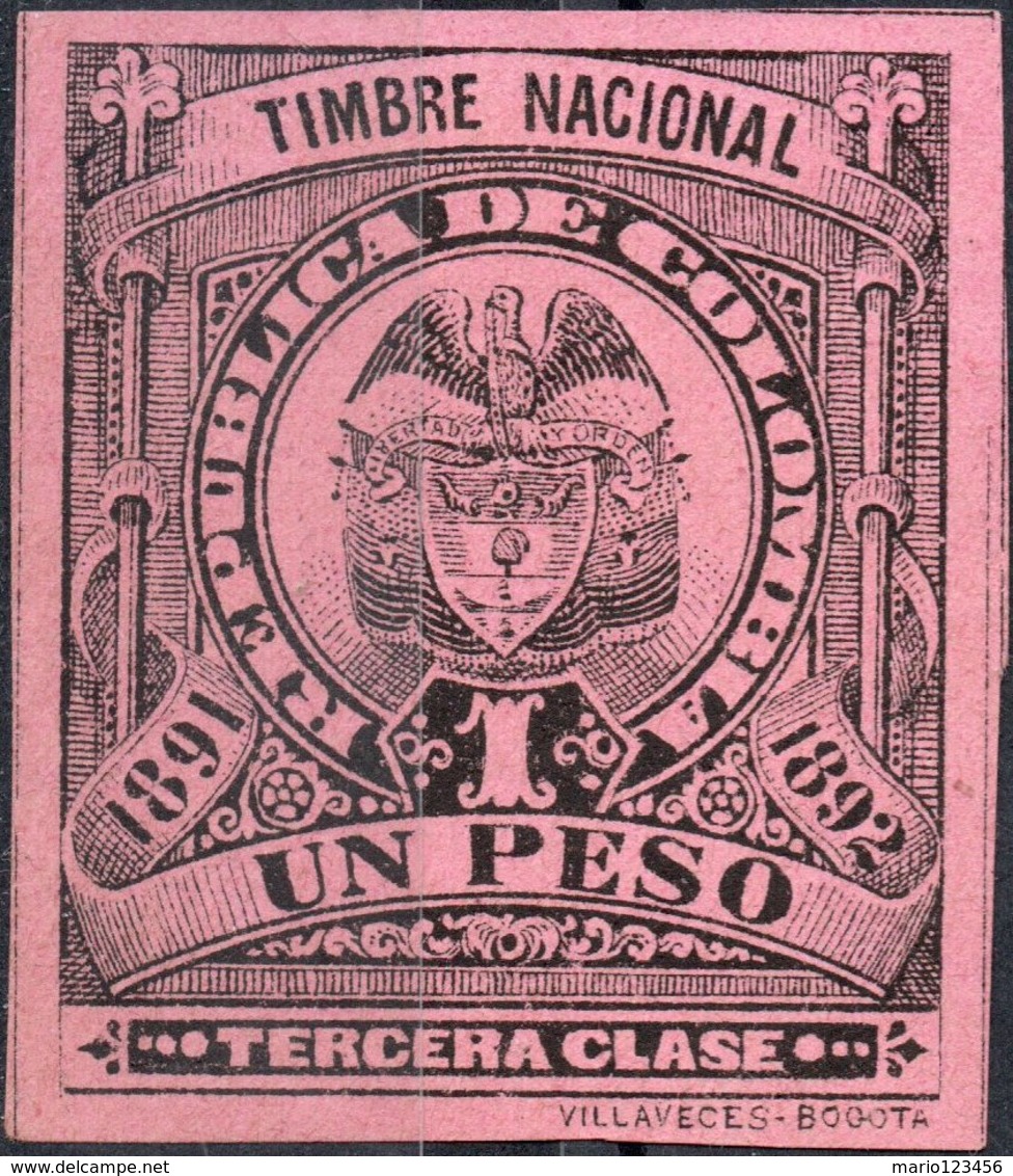 COLOMBIA, STEMMI, COAT OF ARMS, SOPRATTASSA, REVENUE FISCAL, 1891, 1 P., NUOVO (MNH**) Col.: CO 1891-7 - Colombia