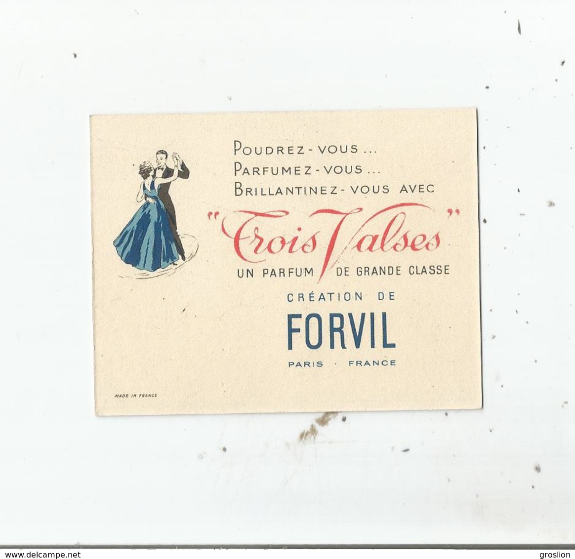 FORVIL "TROIS VALSES" CARTE PARFUMEE CALENDRIER DE 1955 - Anciennes (jusque 1960)