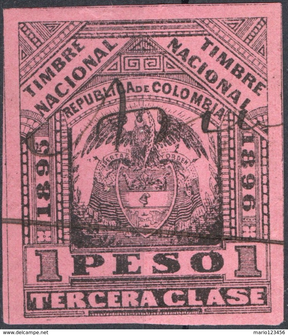 COLOMBIA, STEMMI, COAT OF ARMS, SOPRATTASSA, REVENUE FISCAL, 1895, 1 P., USATO - Colombia