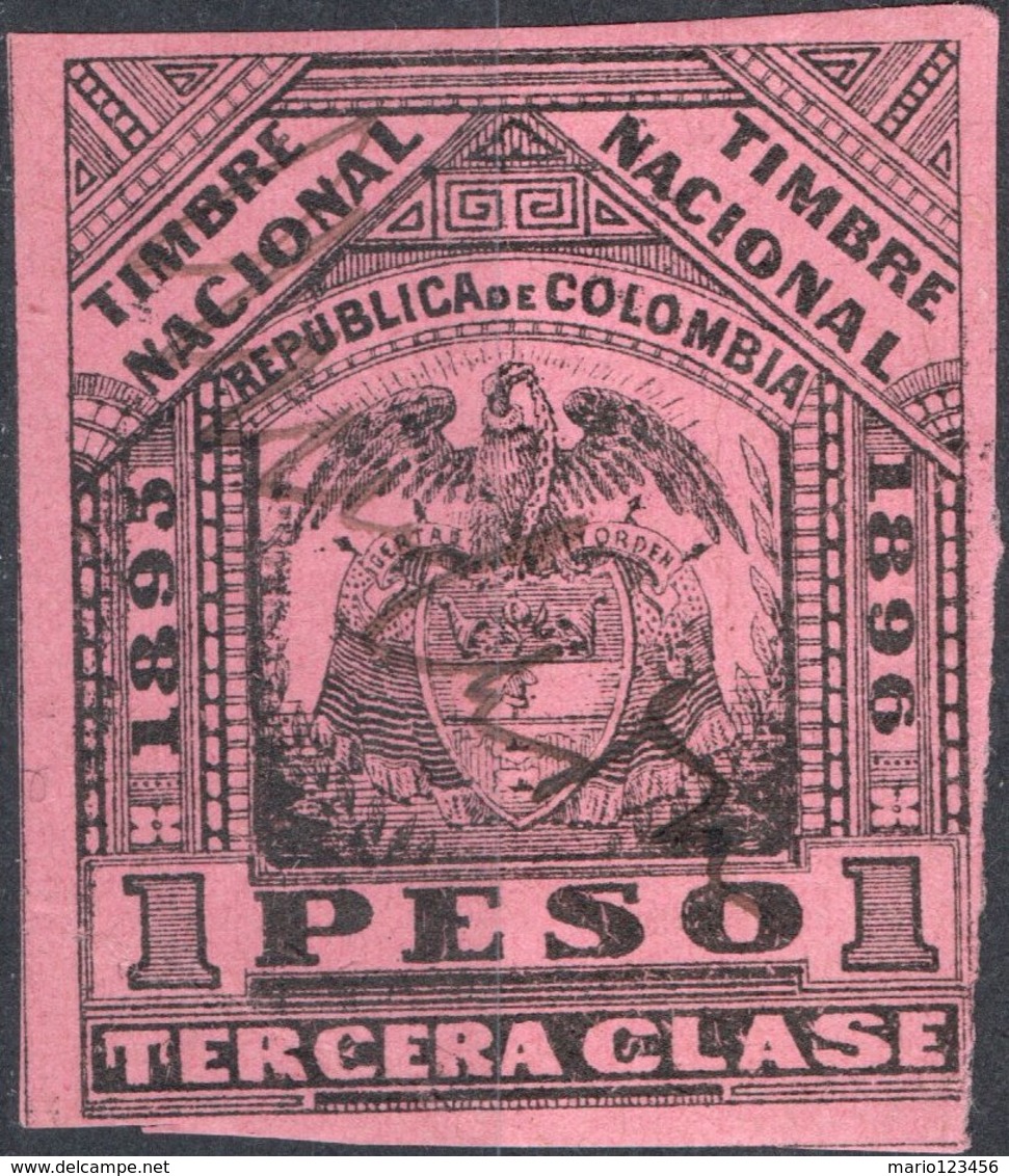 COLOMBIA, STEMMI, COAT OF ARMS, SOPRATTASSA, REVENUE FISCAL, 1895, 1 P., USATO - Colombia