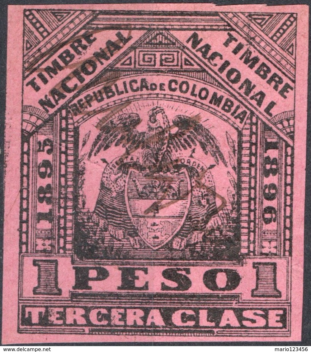 COLOMBIA, STEMMI, COAT OF ARMS, SOPRATTASSA, REVENUE FISCAL, 1895, 1 P., USATO - Colombia