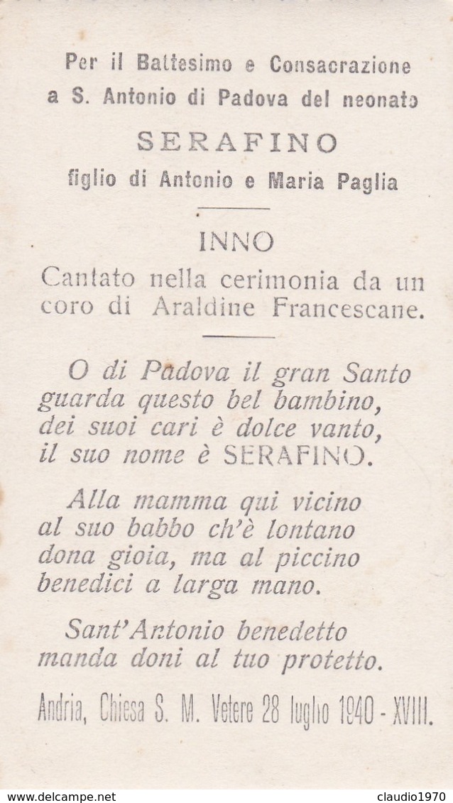 SANTINO - S. ANTONIO DI PADOVA -  CHIESA S. M. VETERE - ANDRIA ( BARLETTA - ANDRIA - TRANI) 1940 - Devotion Images