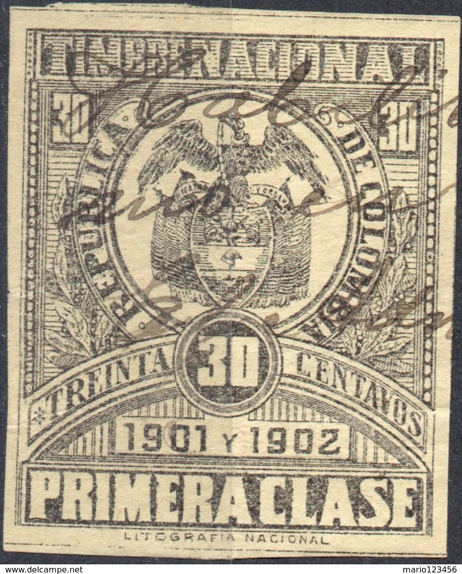 COLOMBIA, STEMMI, COAT OF ARMS, SOPRATTASSA, REVENUE FISCAL, 1891, 30 C., USATO - Colombia