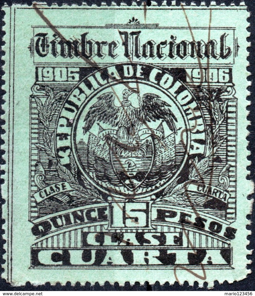 COLOMBIA, STEMMI, COAT OF ARMS, SOPRATTASSA, REVENUE FISCAL, 1905, 15 P., USATO Col.: CO 1905-1906 - Colombia