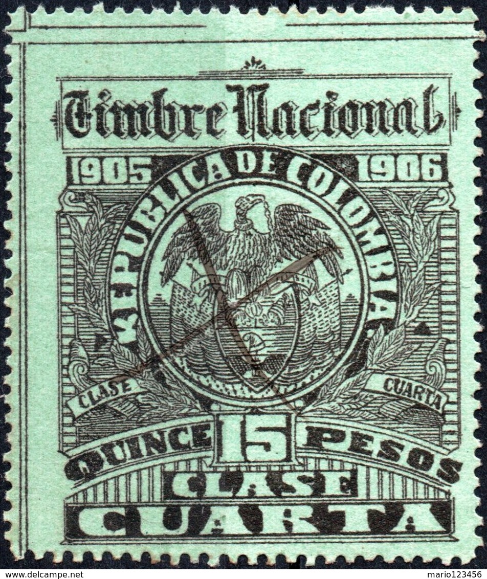 COLOMBIA, STEMMI, COAT OF ARMS, SOPRATTASSA, REVENUE FISCAL, 1905, 15 P., USATO Col.: CO 1905-1906 - Colombia