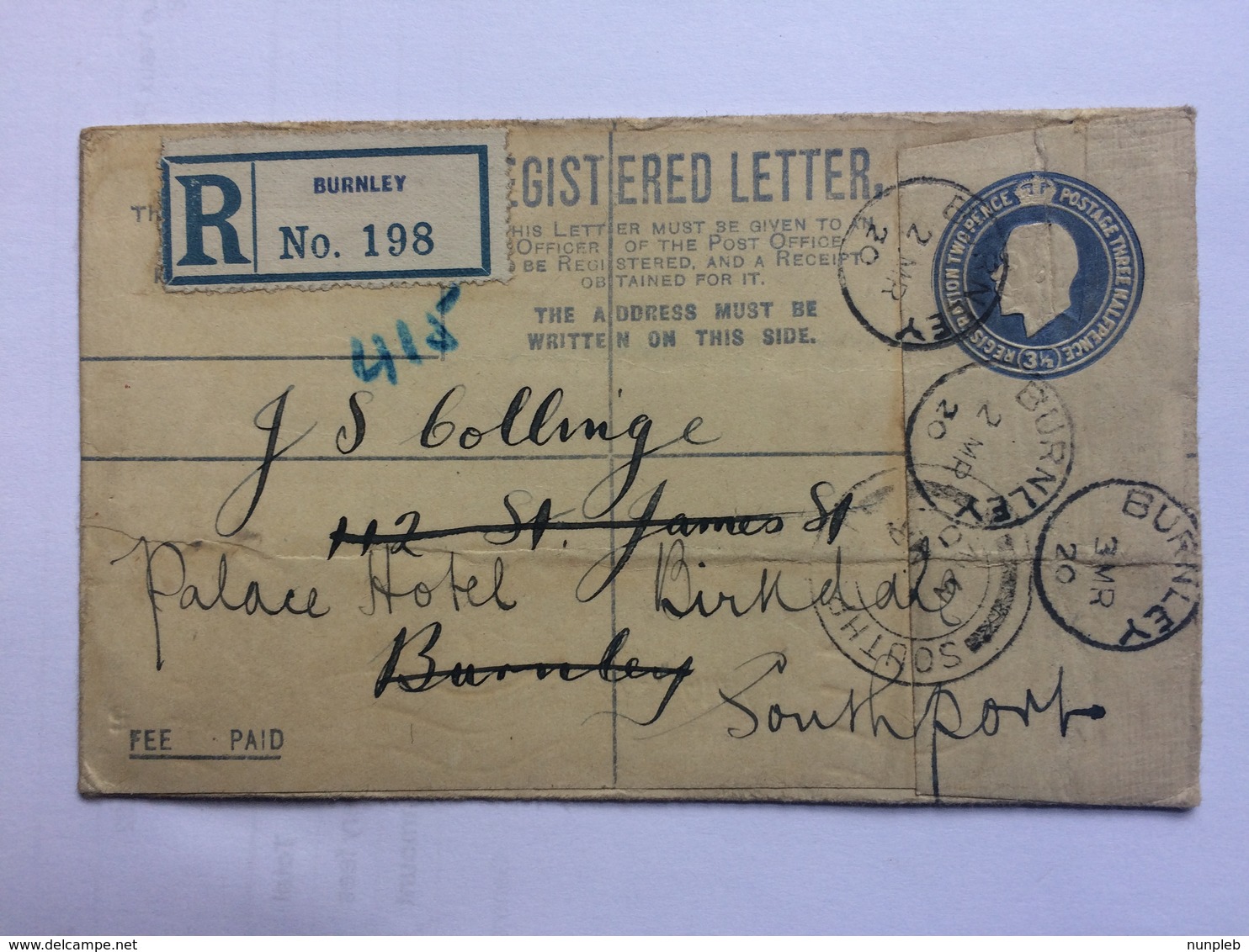 GB GEORGE V 1920 Registered Cover - Burnley Internal Re-directed To Southport - Briefe U. Dokumente