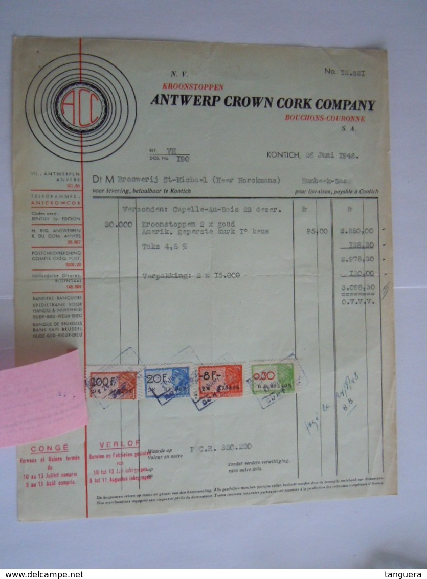 1948 Antwerp Crown Cork Company Kontich Kroonstoppen Bouchons-couronne Fact Brouwerij St-Michael Humbeek Taxe 128,30 Fr - Alimentaire