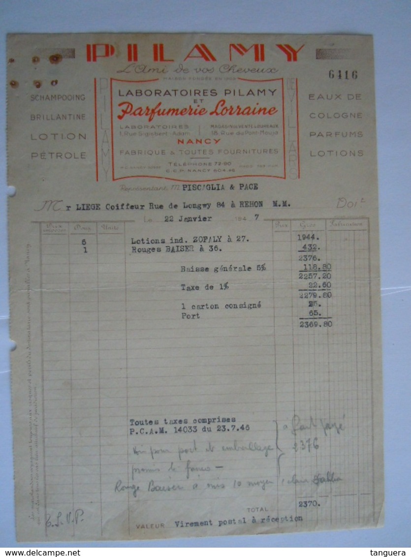 1947 Laboratoires Pilamy Et Parfumerie Lorraine Nancy Schampooing Lotion Pétrole Parfums Facture Pour Coiffeur Rehon M&M - Droguerie & Parfumerie