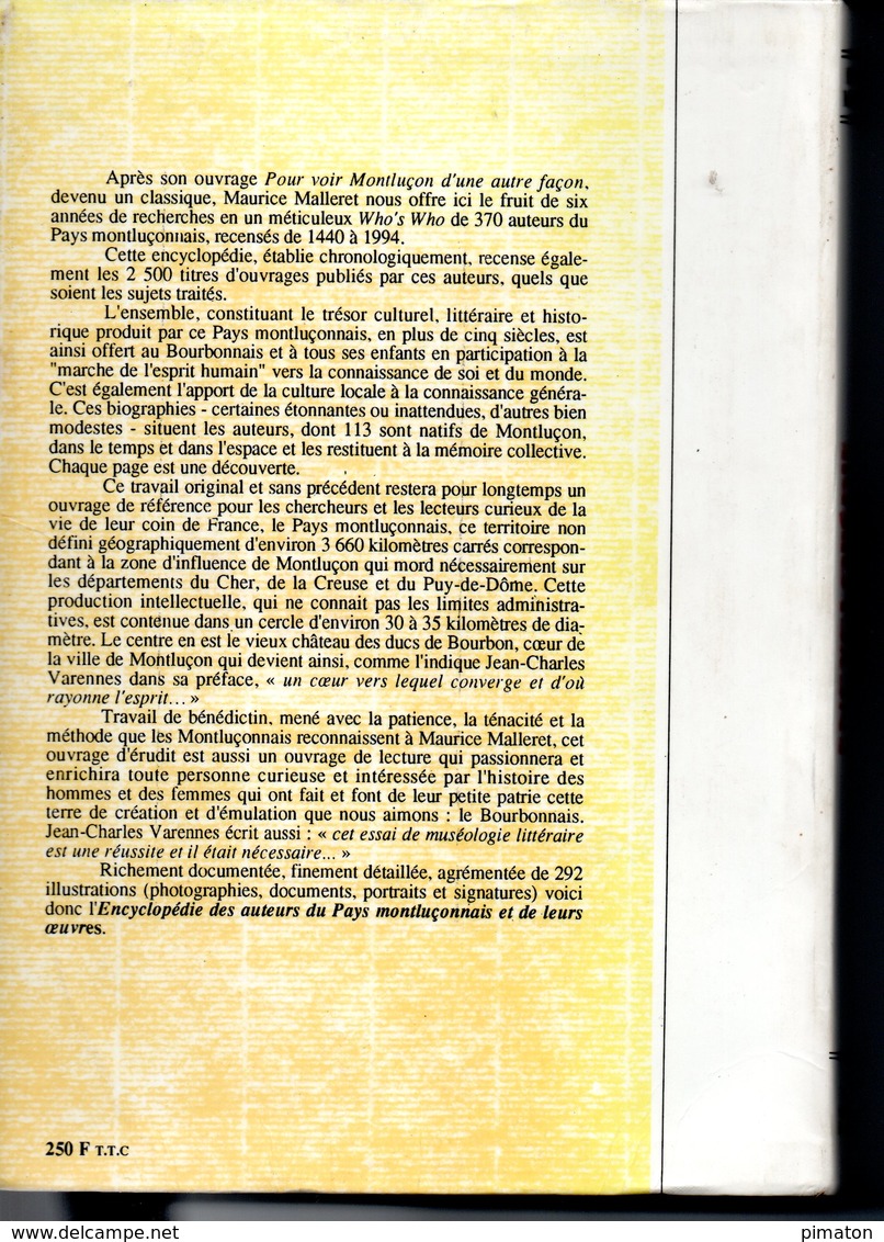 ENCYCLOPEDIE DES AUTEURS DU PAYS MONTLUCONNAIS ET DE LEURS OEUVRES ( De 1440 à 1994 ) - Bourbonnais