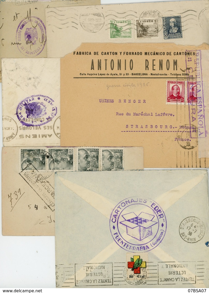 ESPAGNE LOT DE 6 ENV 1936 / 1941  TOUTES AVEC CENSURA MILITAR SUR LETTRE + 1 ENV AVEC VIGNETTE SCANS INDIVIDUELS - Lettres & Documents