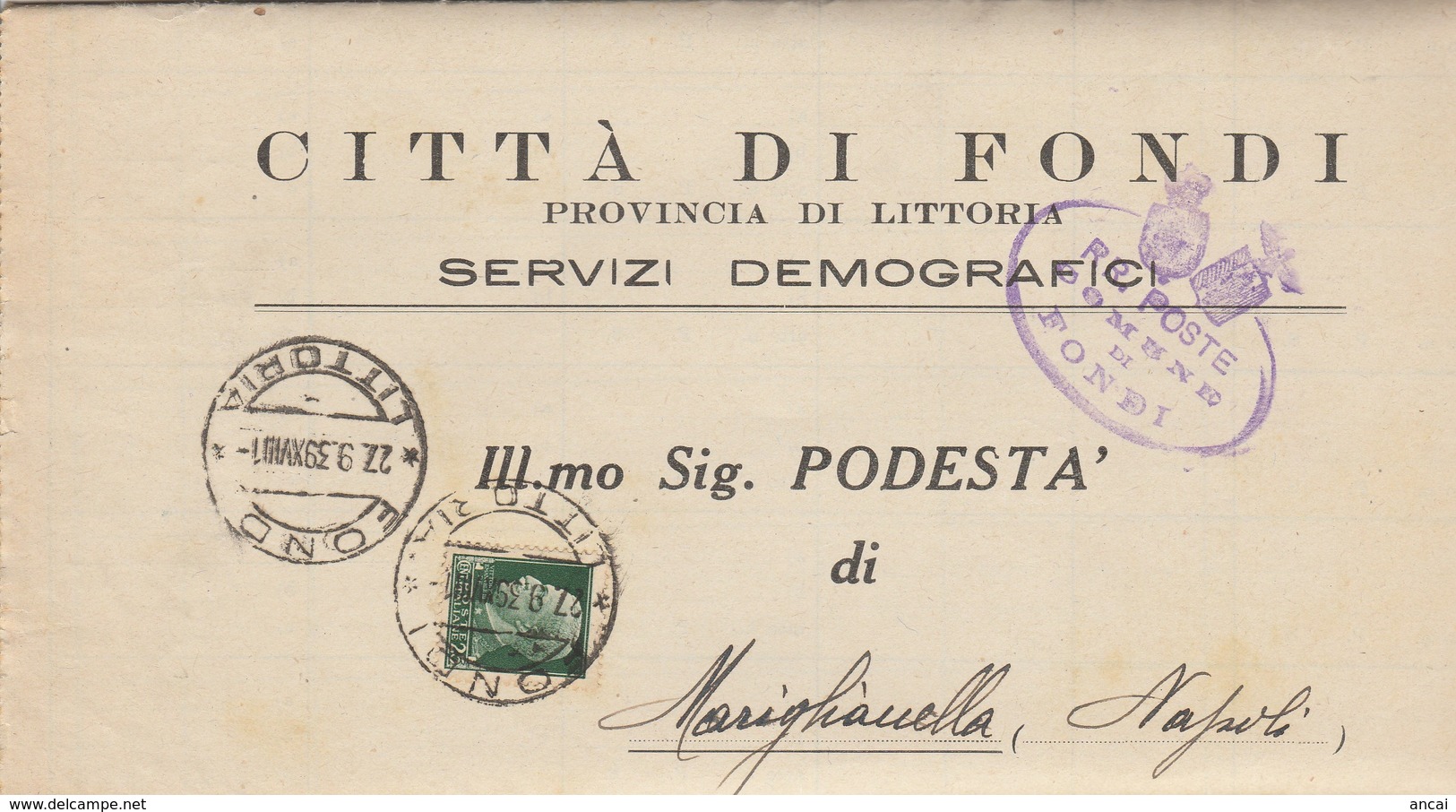 Fondi. 1939. Annullo Guller FONDI *LITTORIA* + Ovale COMUNE , Su Lettera Affrancata, Con Testo. - Storia Postale