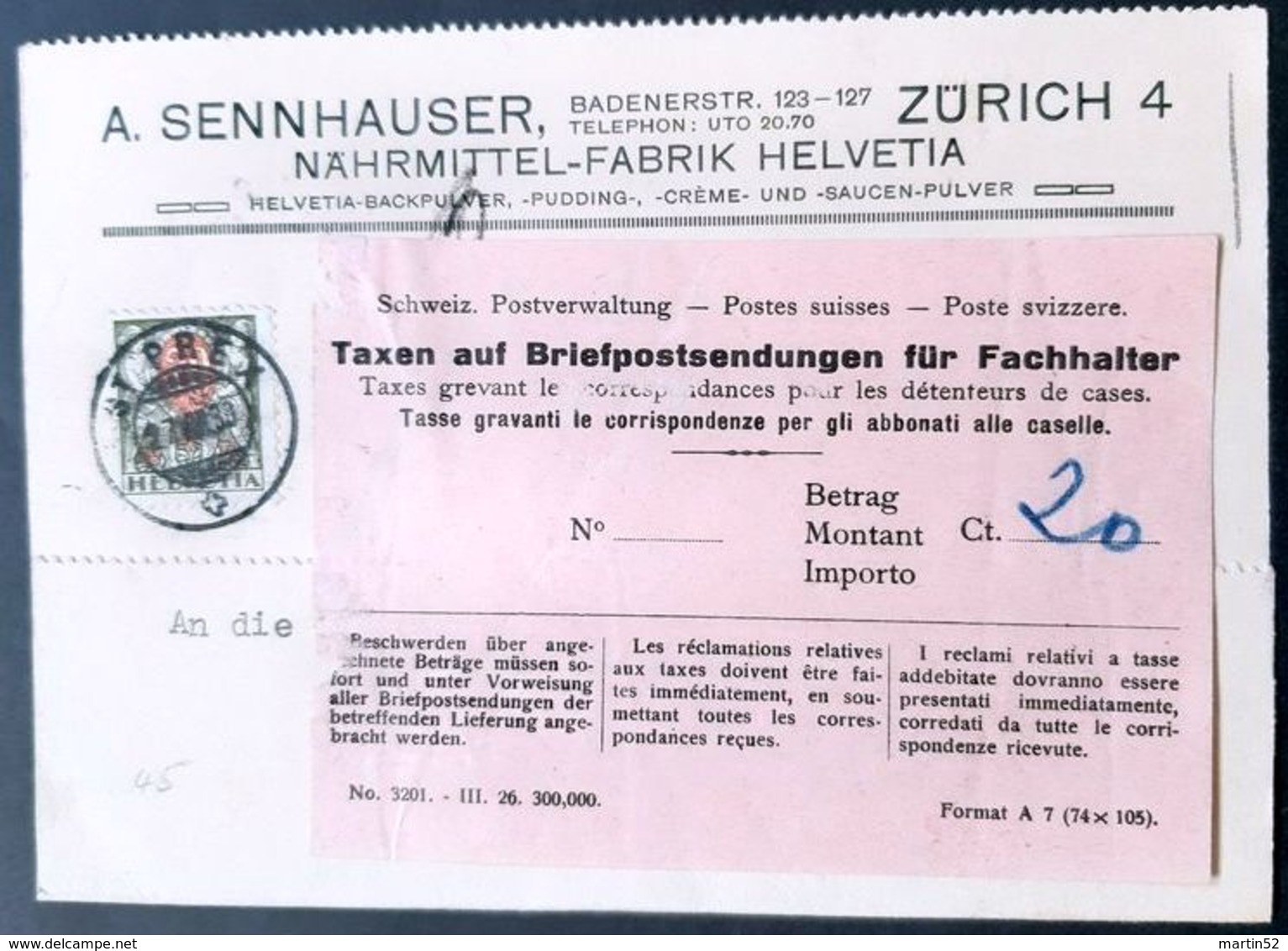 Schweiz Suisse 1930: PK CP A. Sennhauser Zürich, Nährmittel-Fabrik HELVETIA Mit Porto Nr. 45 Mit 34 O ST-PREX 27.VIII.30 - Taxe