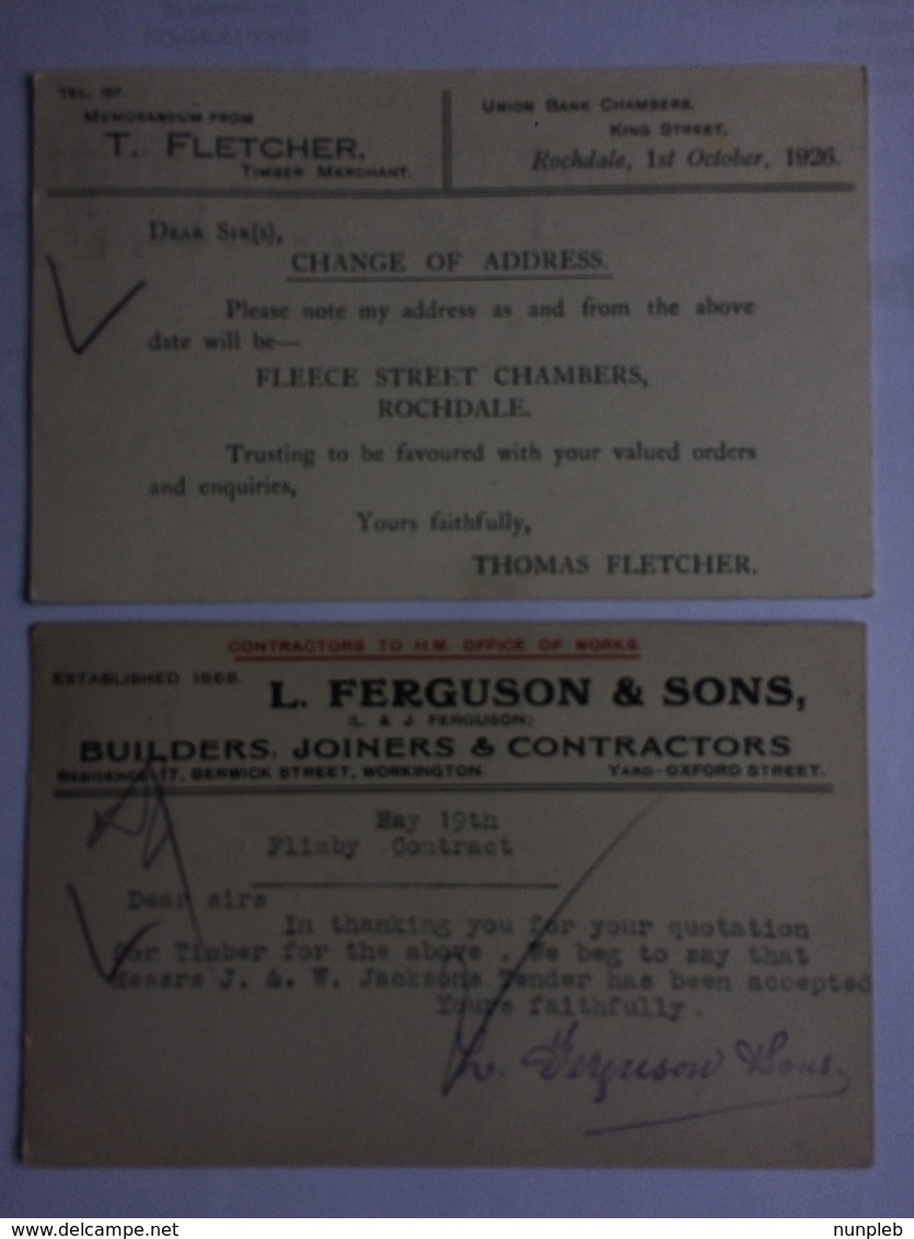 GB GEORGE V Postcards X 2 Commerical - `L. Ferguson,Workington` - `T. Fletcher, Rochdale` - Lettres & Documents