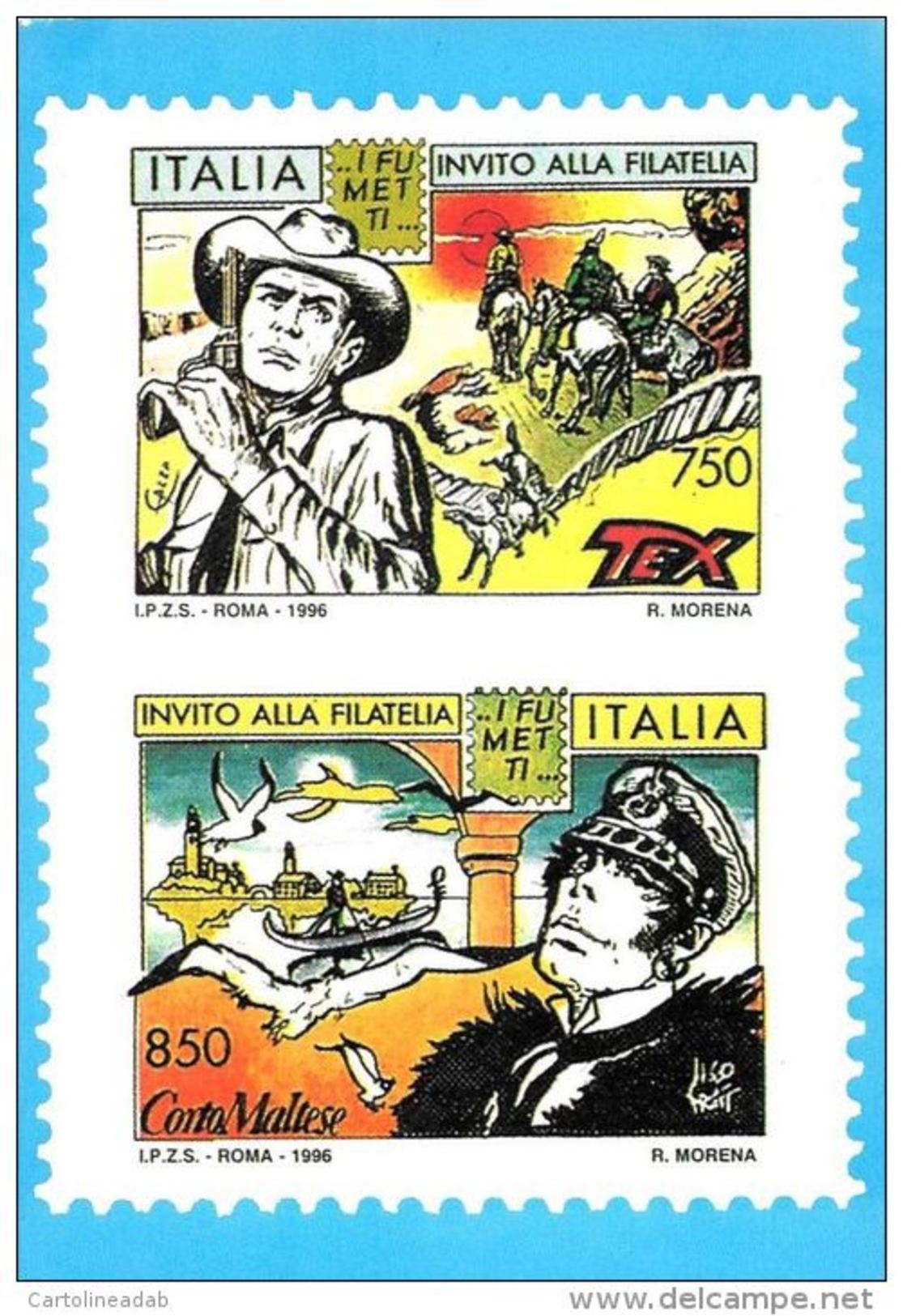 [DC0130] CARTOLINEA - MOLTO RARA - TEX WILLER - CORTO MALTESE - INVITO ALLA FILATELIA I FUMETTI - Fumetti