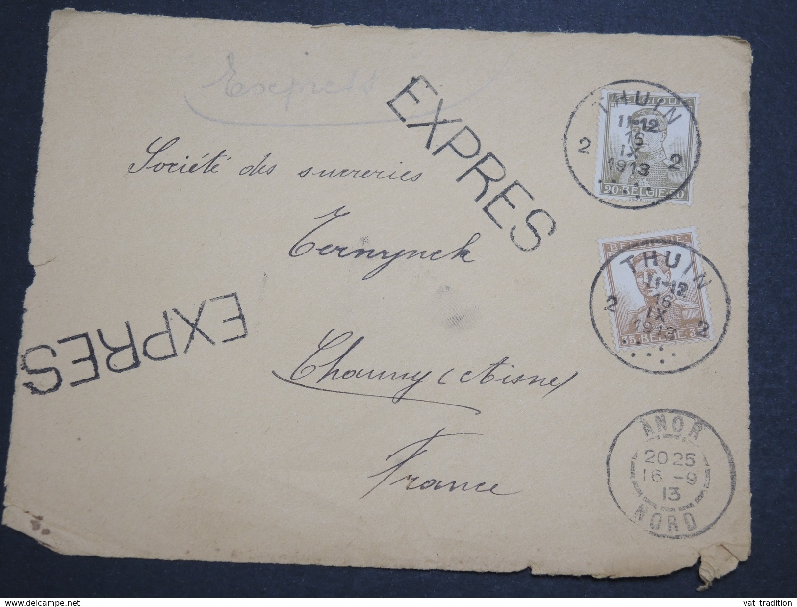 BELGIQUE - Enveloppe ( Devant ) En Express De Thuin En 1913 Pour La France - A Voir - L 6123 - Oblitérations à Points